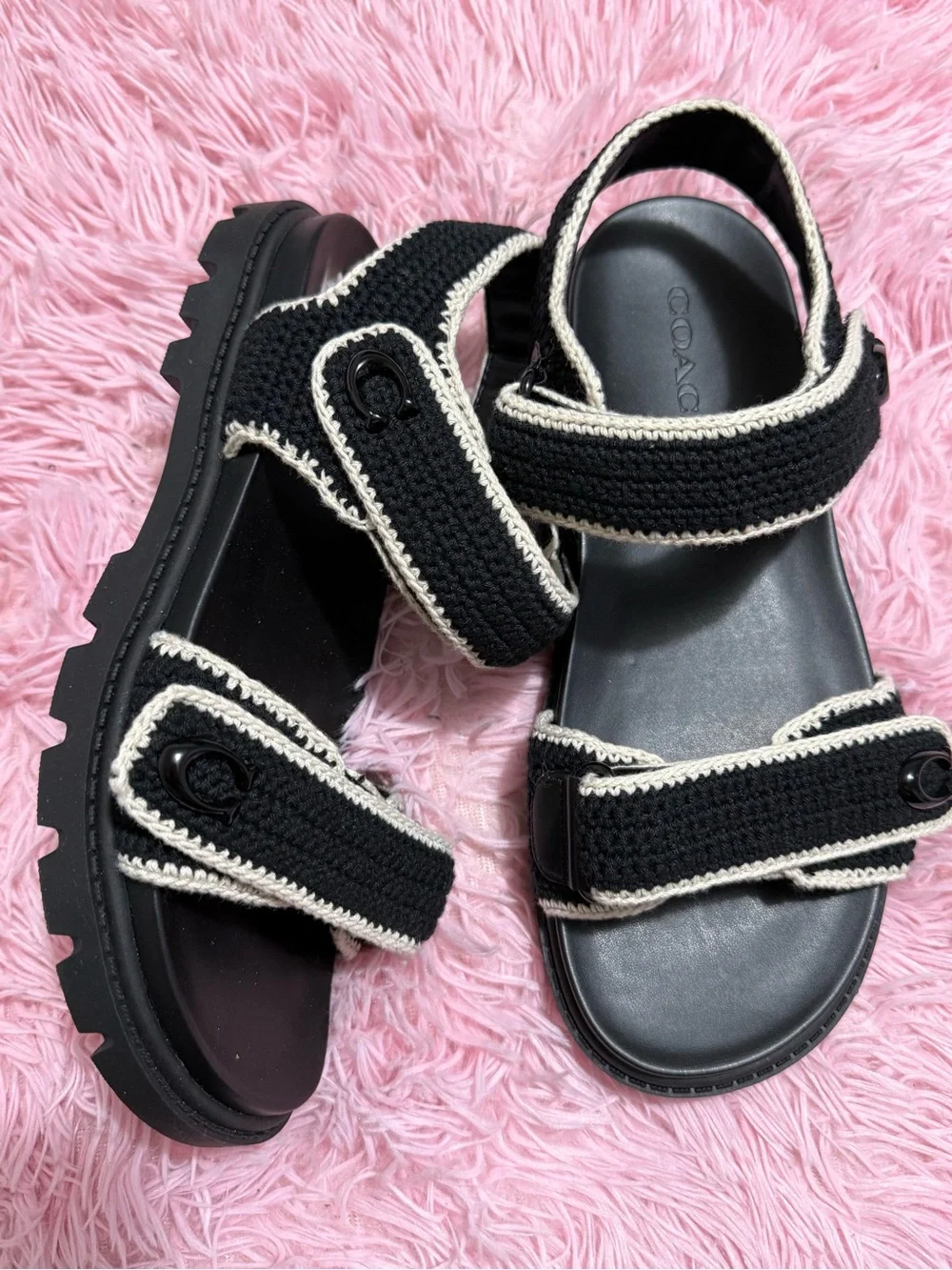 Coach Black Sandals with Cream Crochet Trim
